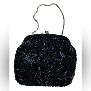 Handmade Vintage Bon Soir Italian Beaded and Sequined Black Clutch Purse